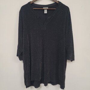 Catherines Womens Artsy Glitter Y Neck Top Size 2X Black Office Career Stretch